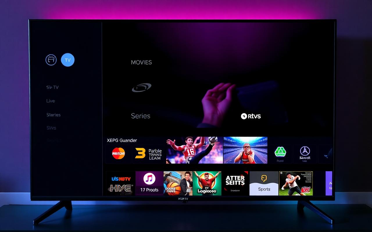 Tela do XCIPTV em uma Smart TV mostrando a grade de canais ao vivo, EPG e categorias Movies, Series e Sports